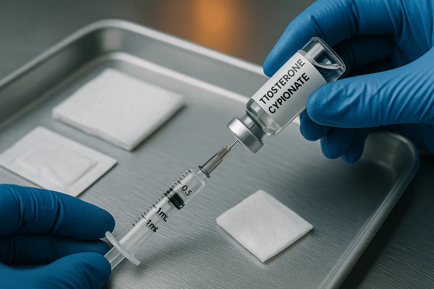 Gloved hands drawing testosterone cypionate from a vial into a syringe