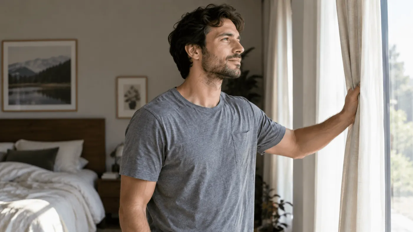 Man opening bedroom curtains to morning light