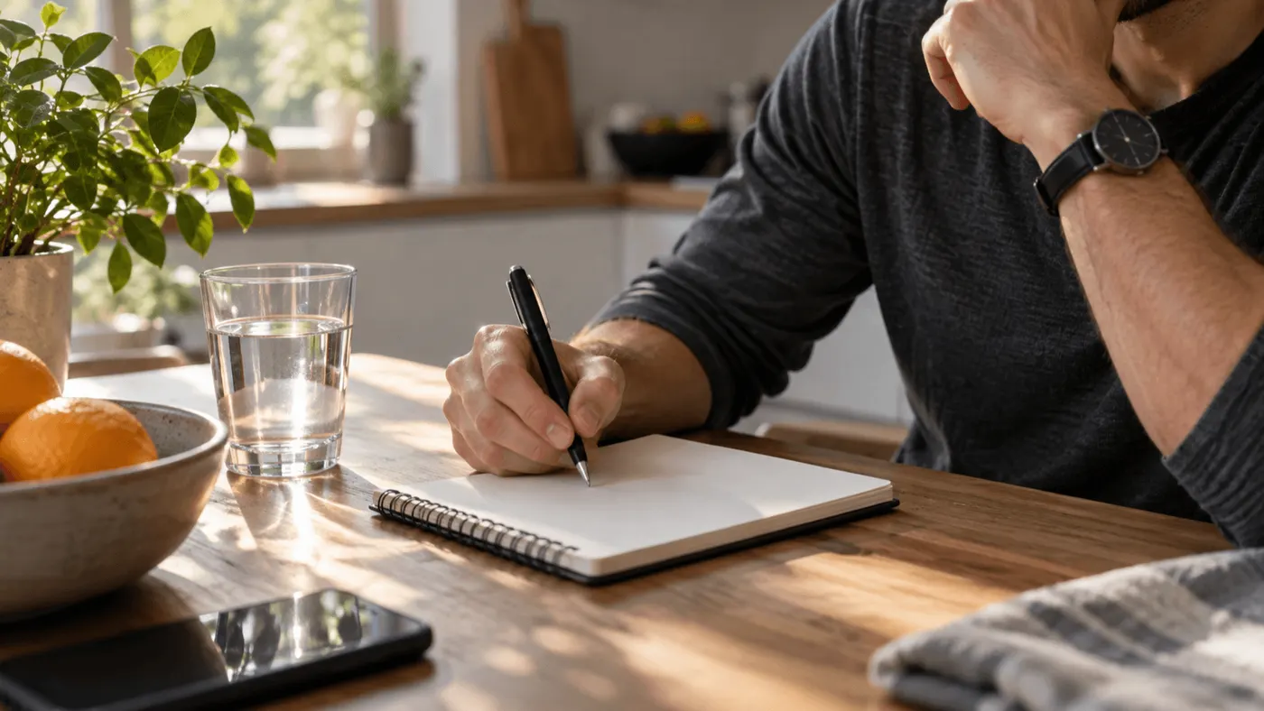 Man writing notes at a kitchen table before a health visit
