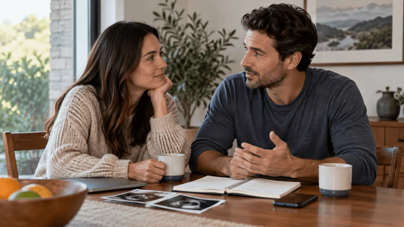 Couple talking at a dining table about future family plans