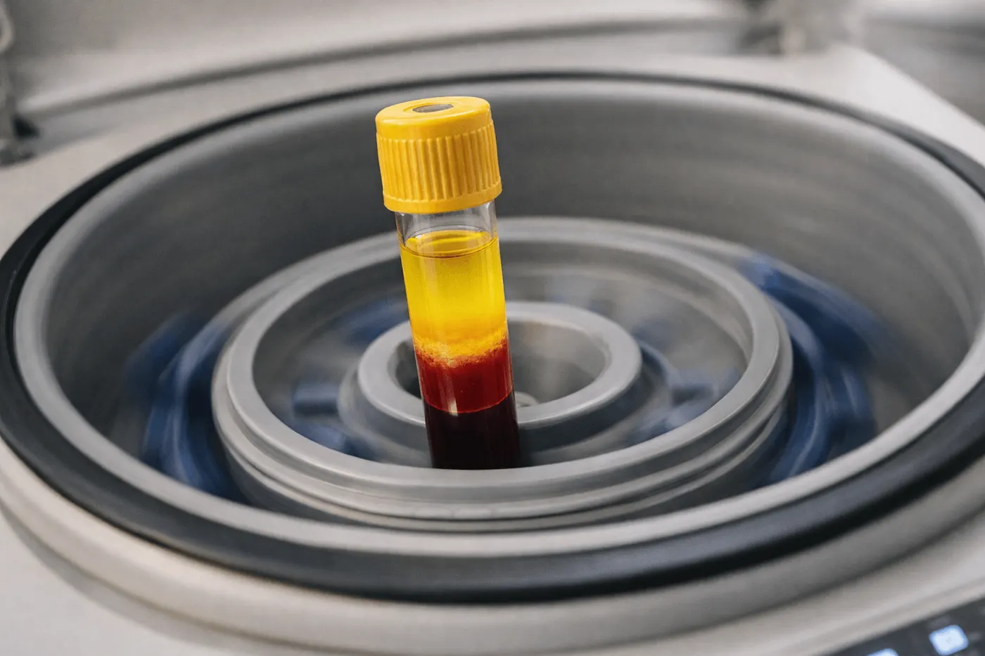 Blood sample separated into layers inside a centrifuge