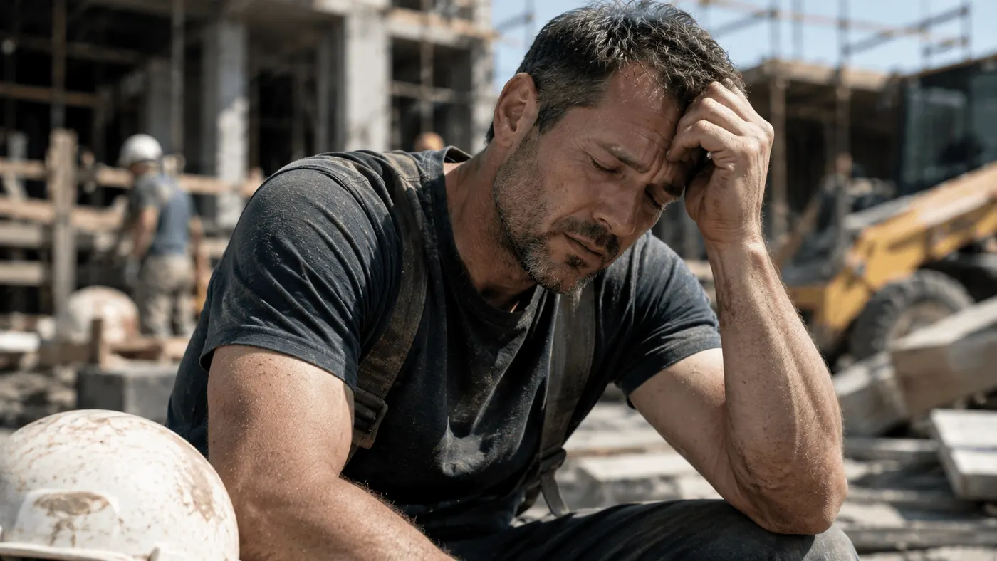 Exhausted construction worker resting his head in his hand on a job site