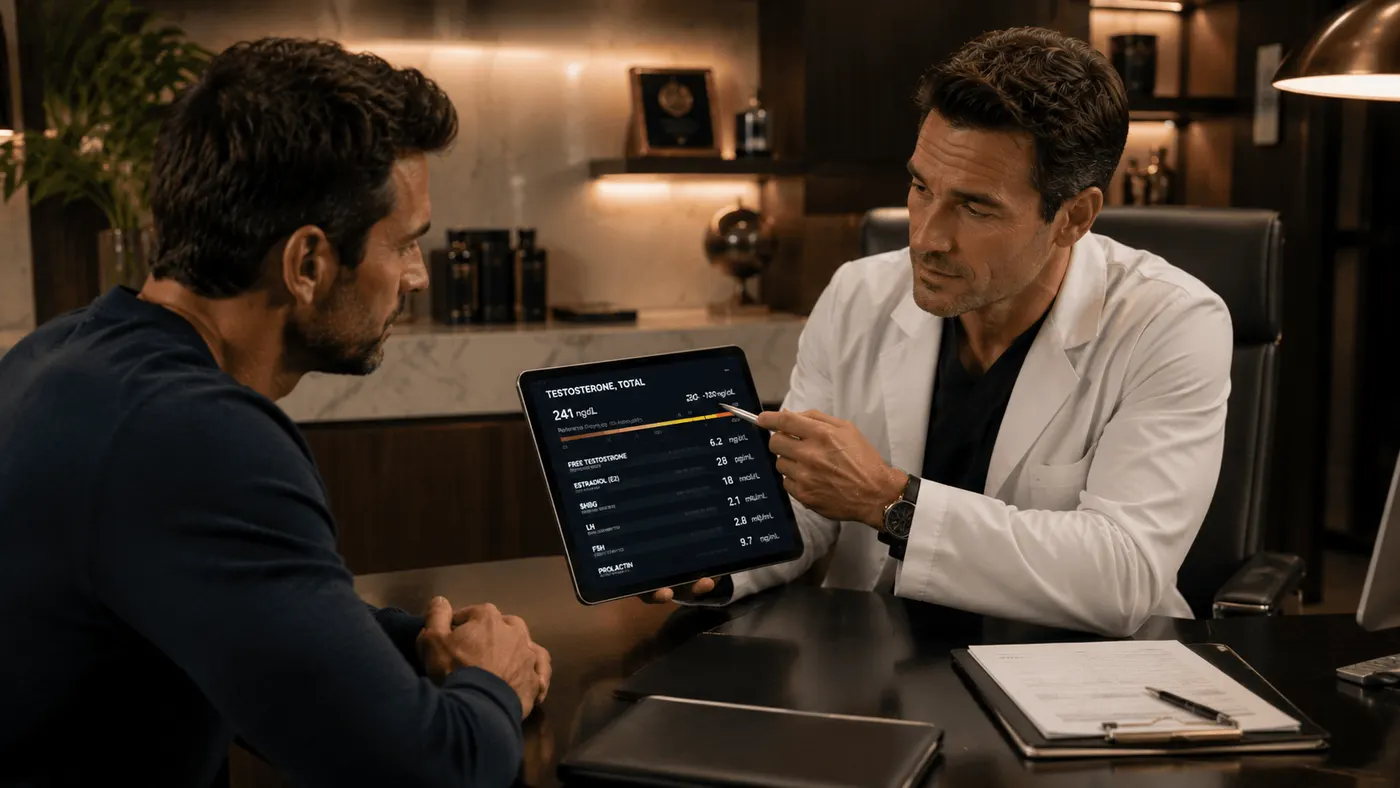 Clinician walking a patient through hormone results in a dim office