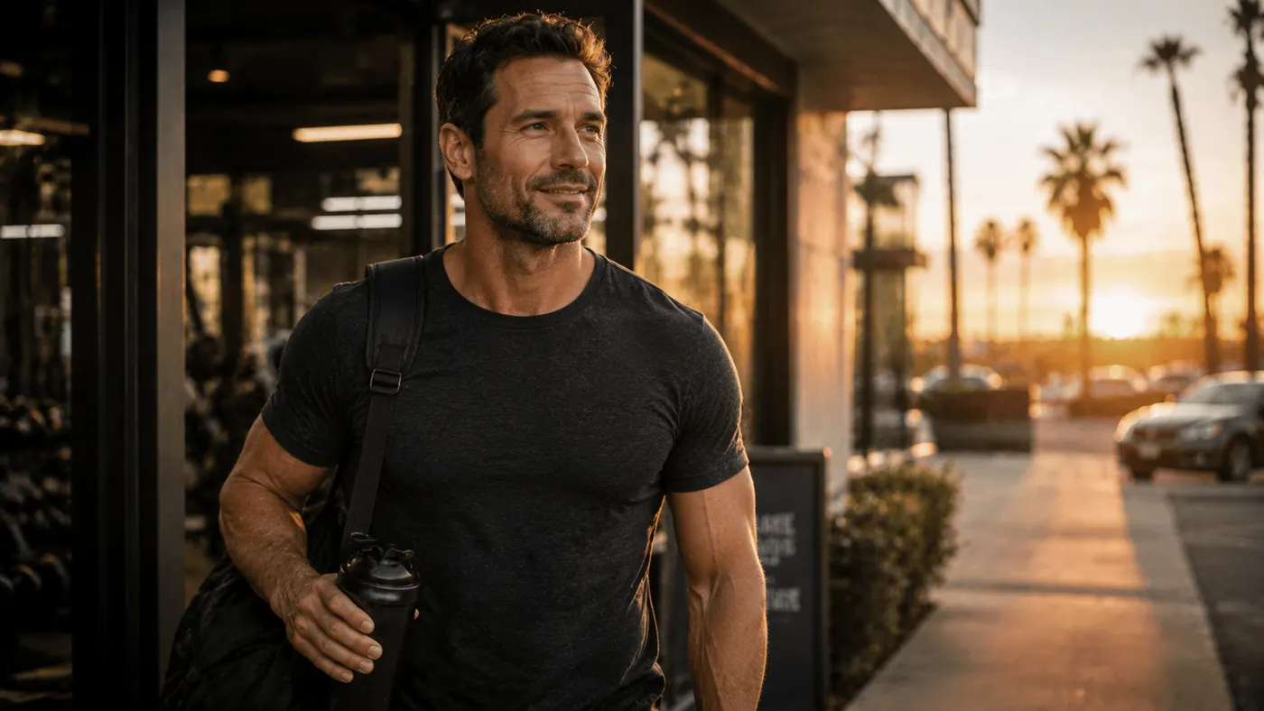 Smiling man leaving a gym at sunset with a water bottle