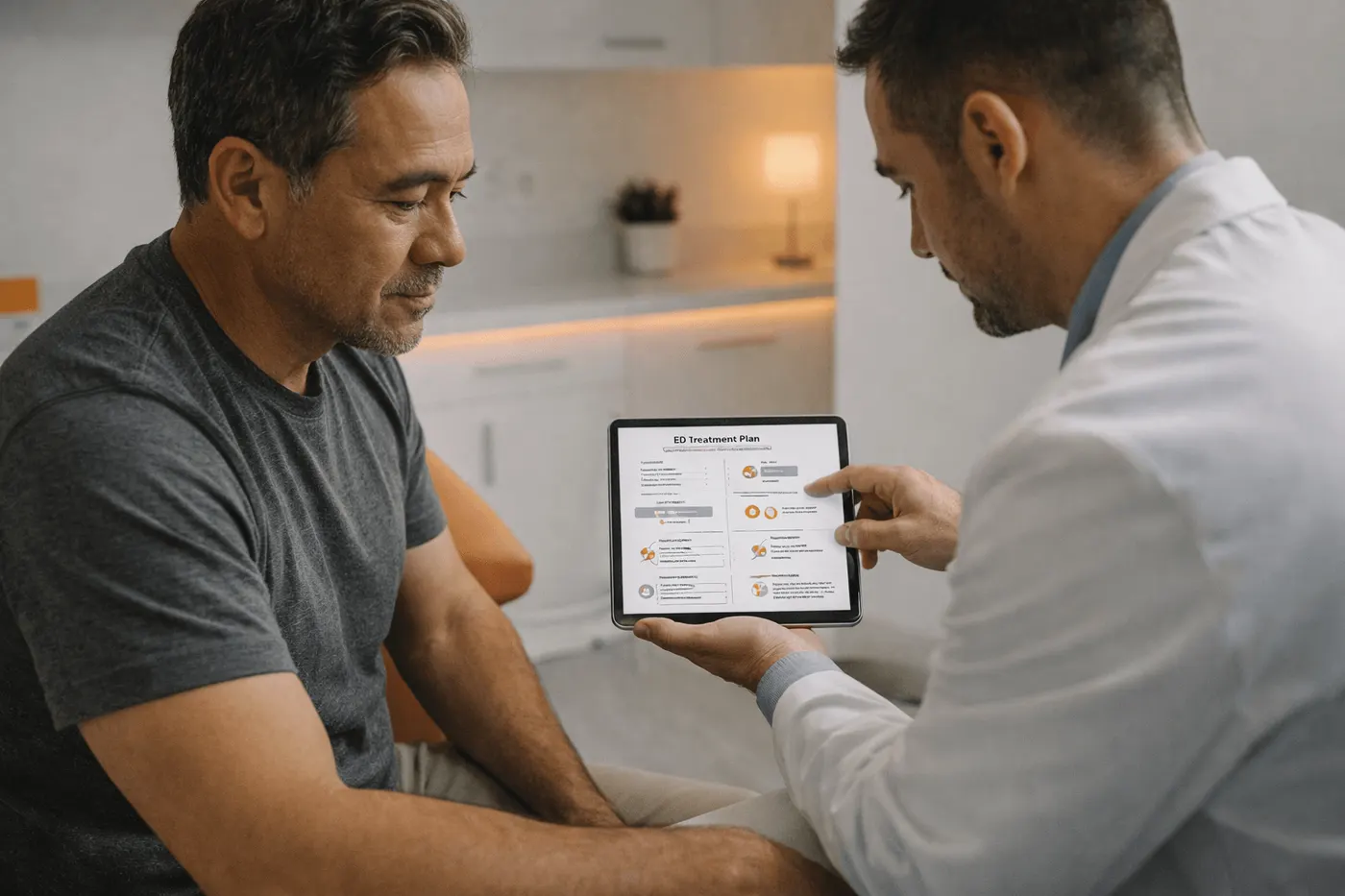 Clinician showing a man an ED treatment plan on a tablet