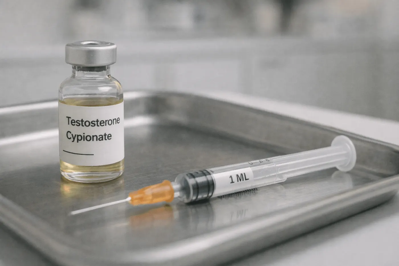 Testosterone cypionate vial and a 1 mL syringe on a steel tray