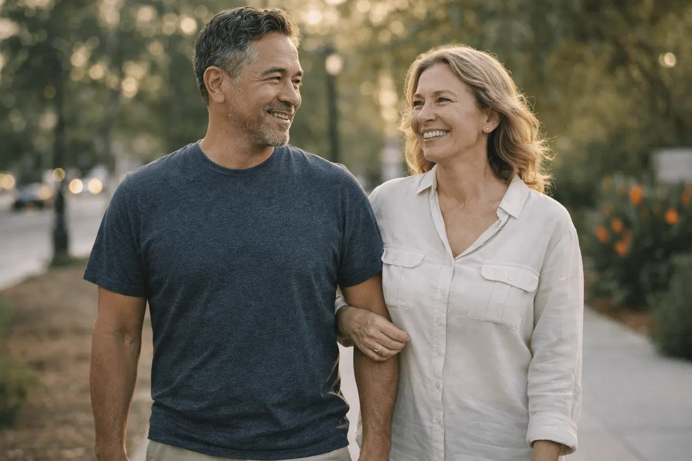 Smiling couple walking arm in arm on a tree-lined street