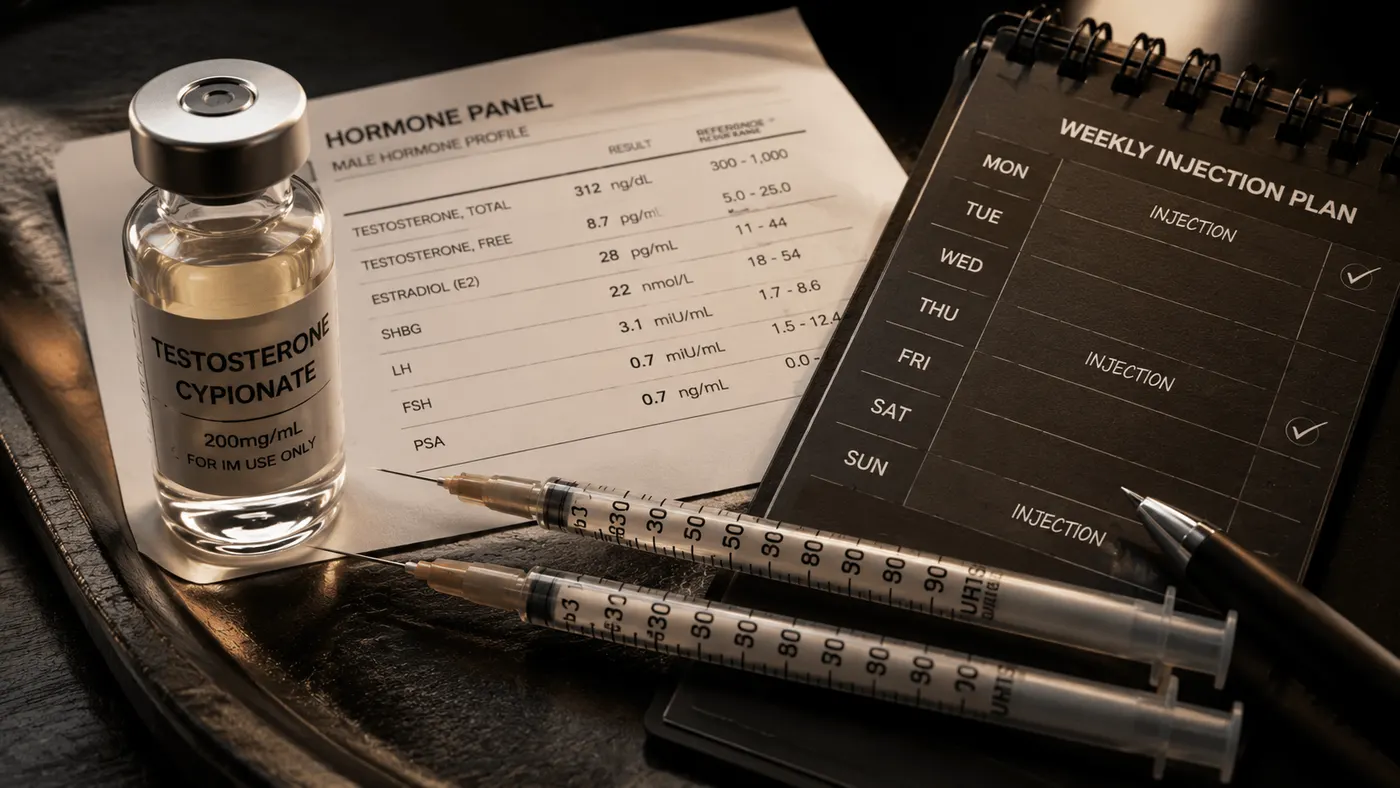 Hormone panel printout beside a testosterone vial and a weekly injection plan