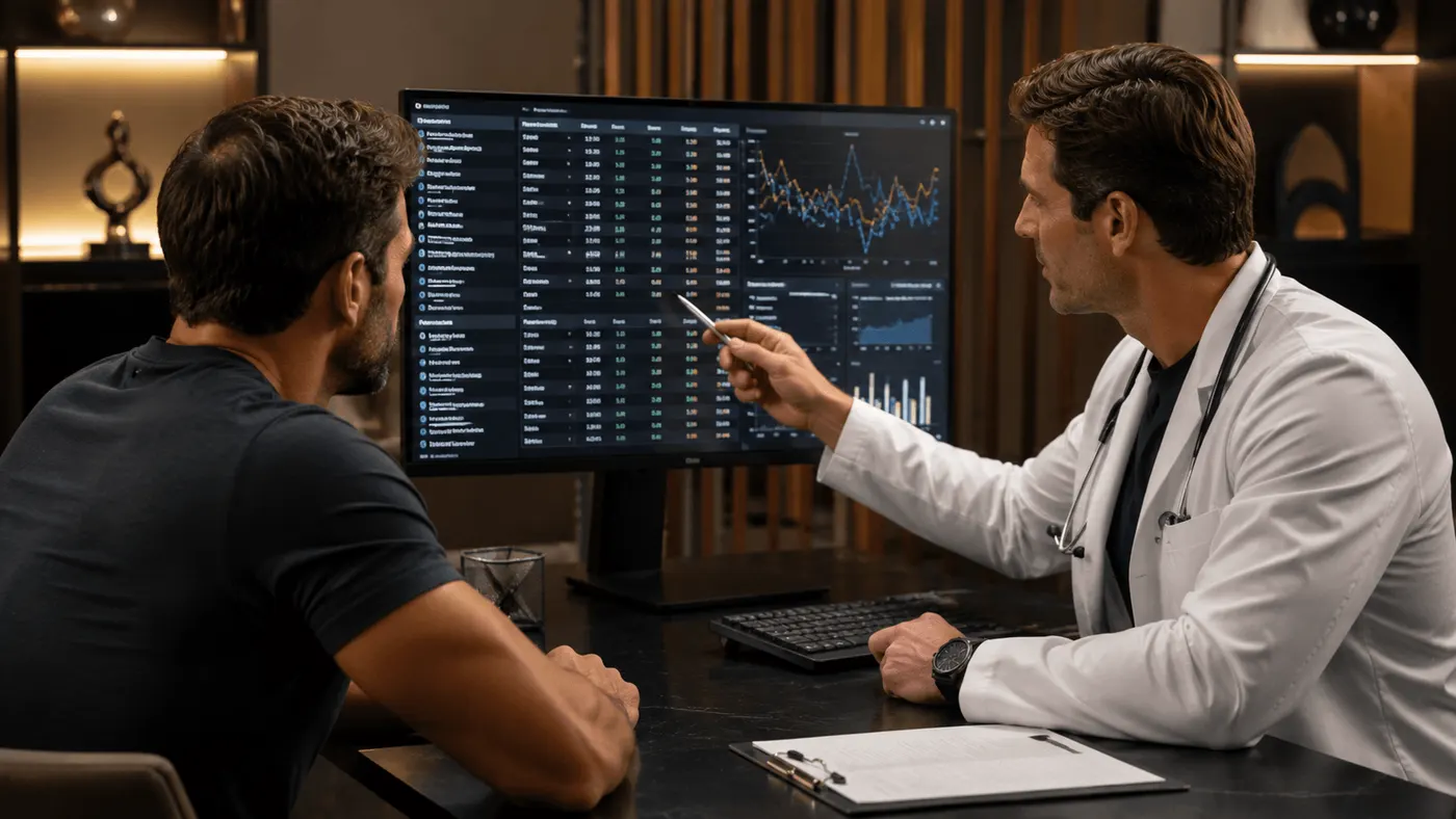 Clinician pointing to lab trends on a monitor for a patient