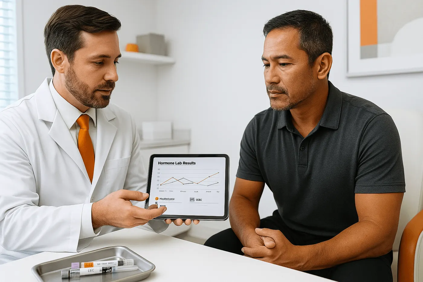 Clinician showing hormone lab results on a tablet to a patient