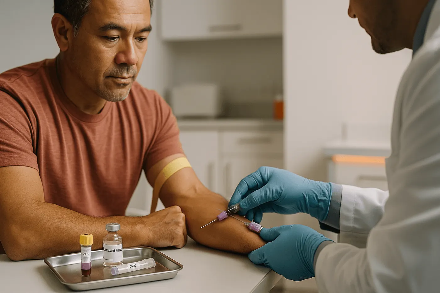 Man having blood drawn for baseline labs in a clinic