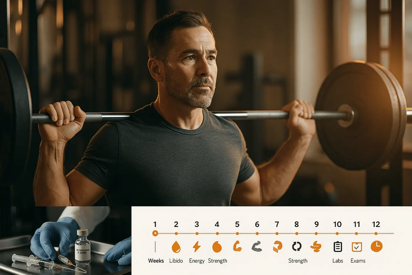 Man lifting a barbell beside a 12-week progress timeline graphic