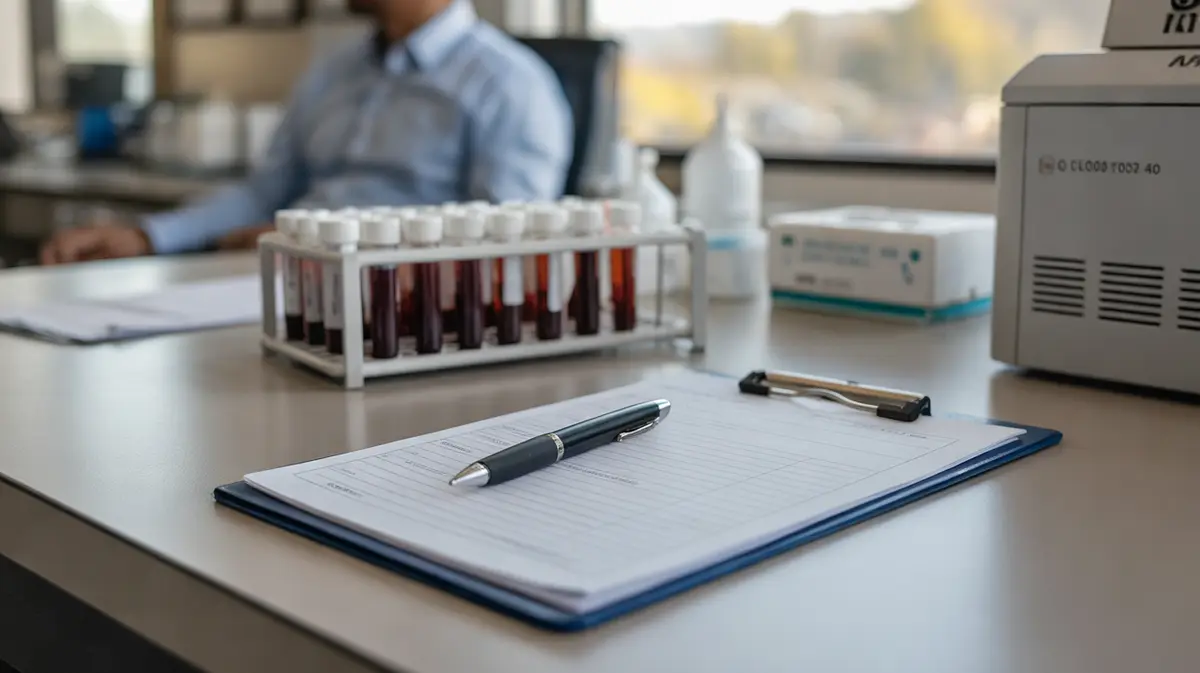Lab report and blood tubes on a clinic desk