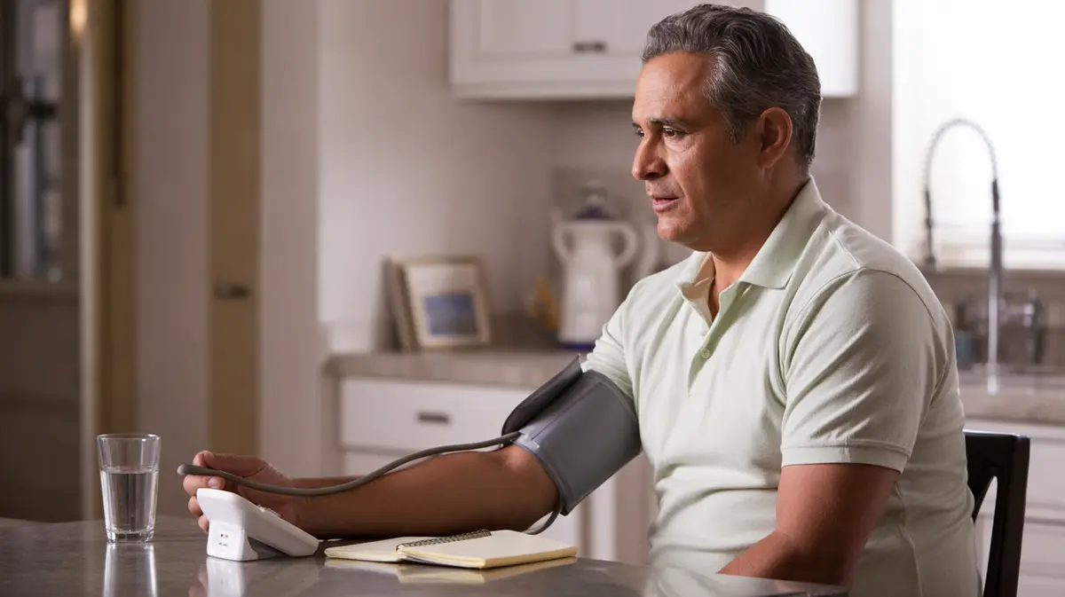 Man checking his blood pressure at a kitchen table