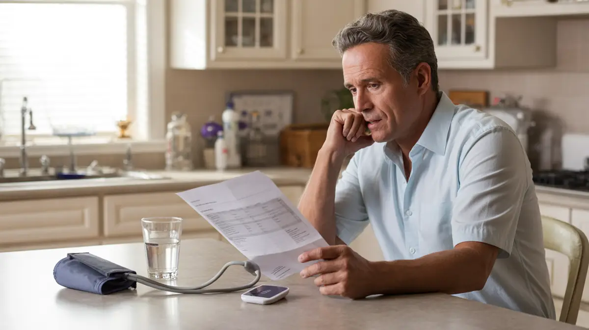 Man reviewing lab results at a sunlit kitchen table