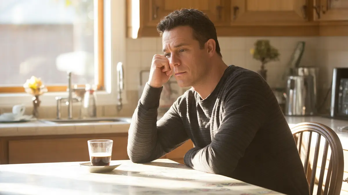 Tired man in his forties resting his head on his hand at a kitchen table in the afternoon