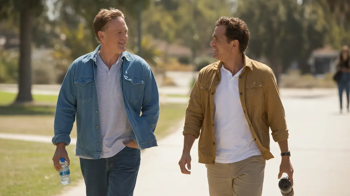 Two middle-aged brothers walking together in a sunny park