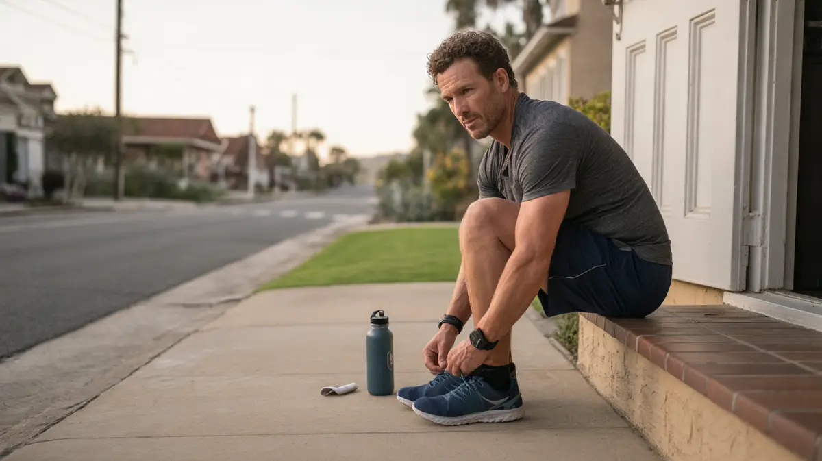 Man tying running shoes on a porch at sunrise
