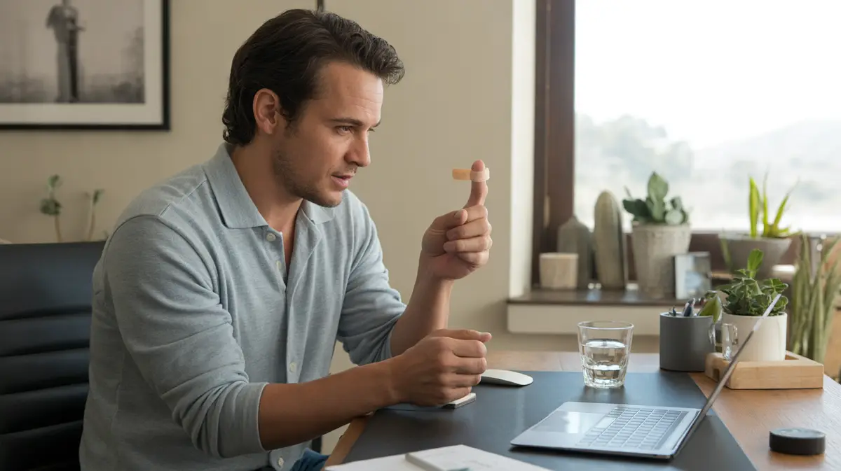 Man at a home desk with a bandaged fingertip