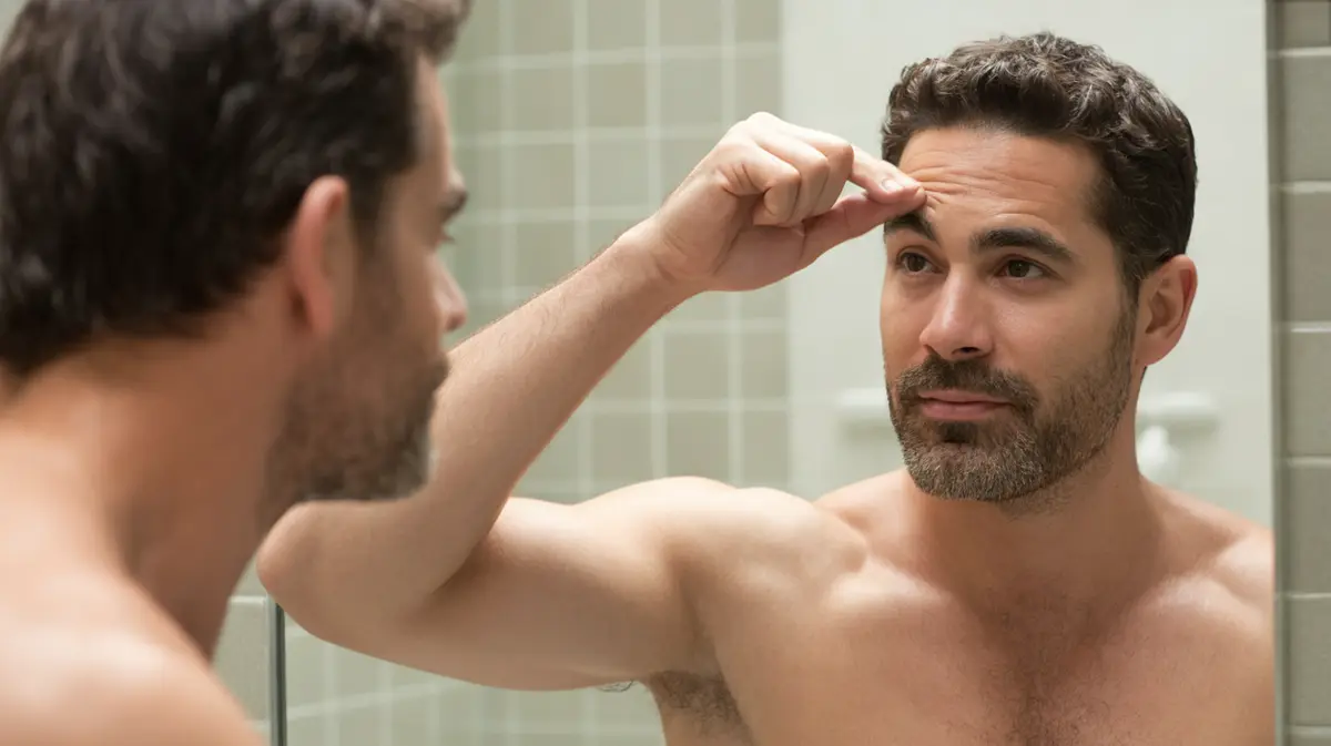 Man checking his brow lines in a bathroom mirror