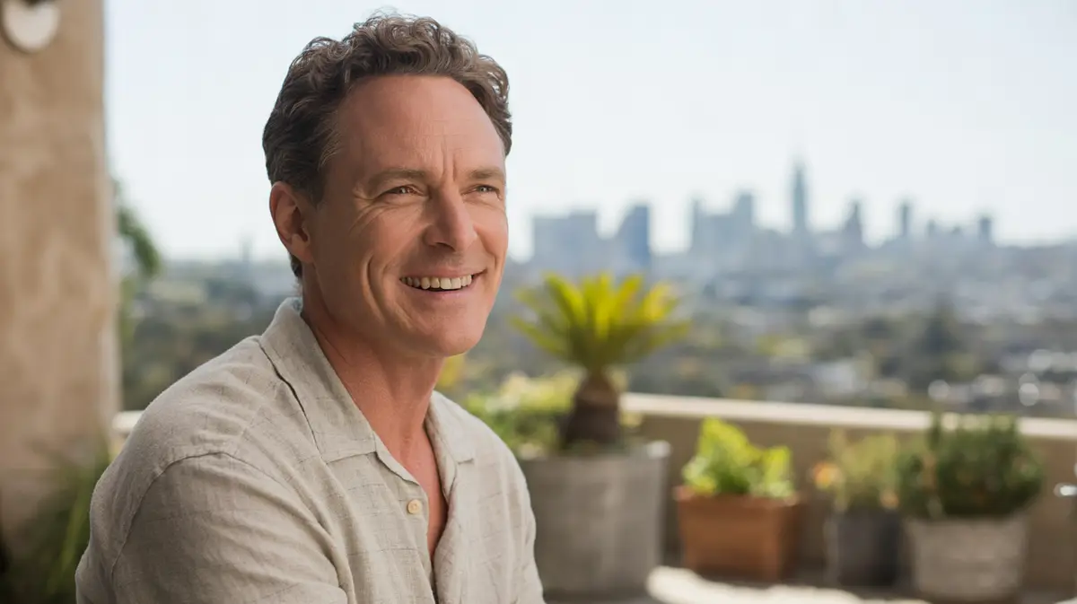 Smiling man on a sunny patio