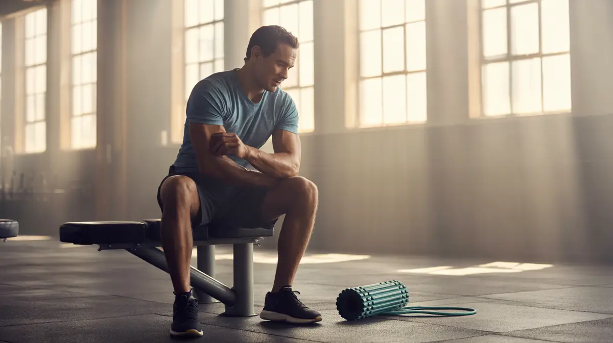 Man rubbing his sore elbow on a gym bench