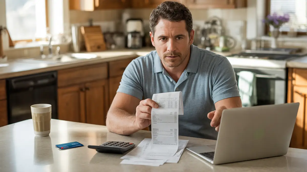 Man reviewing itemized receipts and a calculator at home