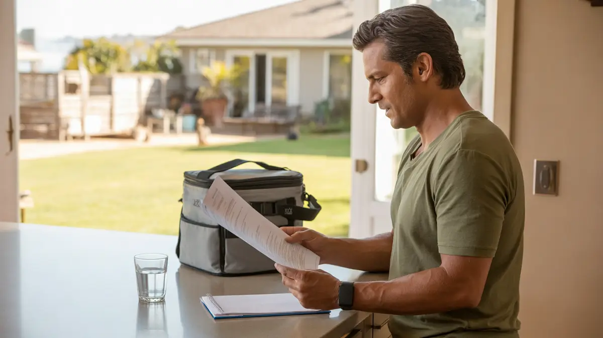 Man reading a lab report at a sunny kitchen counter