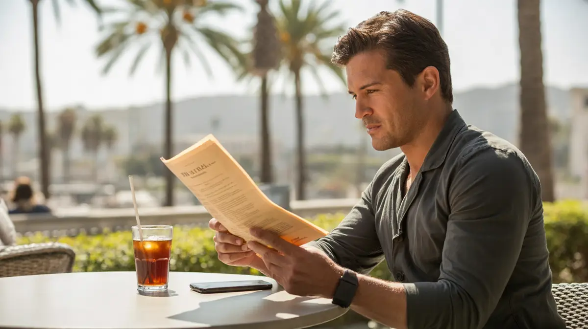 Man reading an article at a sunny cafe table