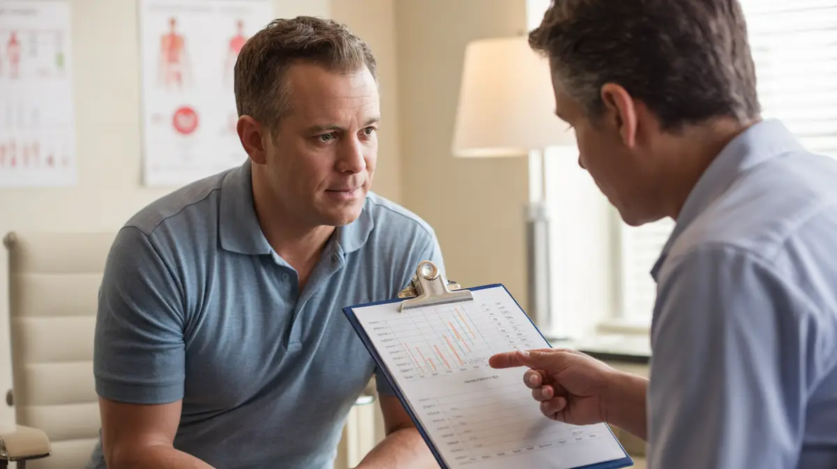 Man reviewing weight trend chart in a consultation room