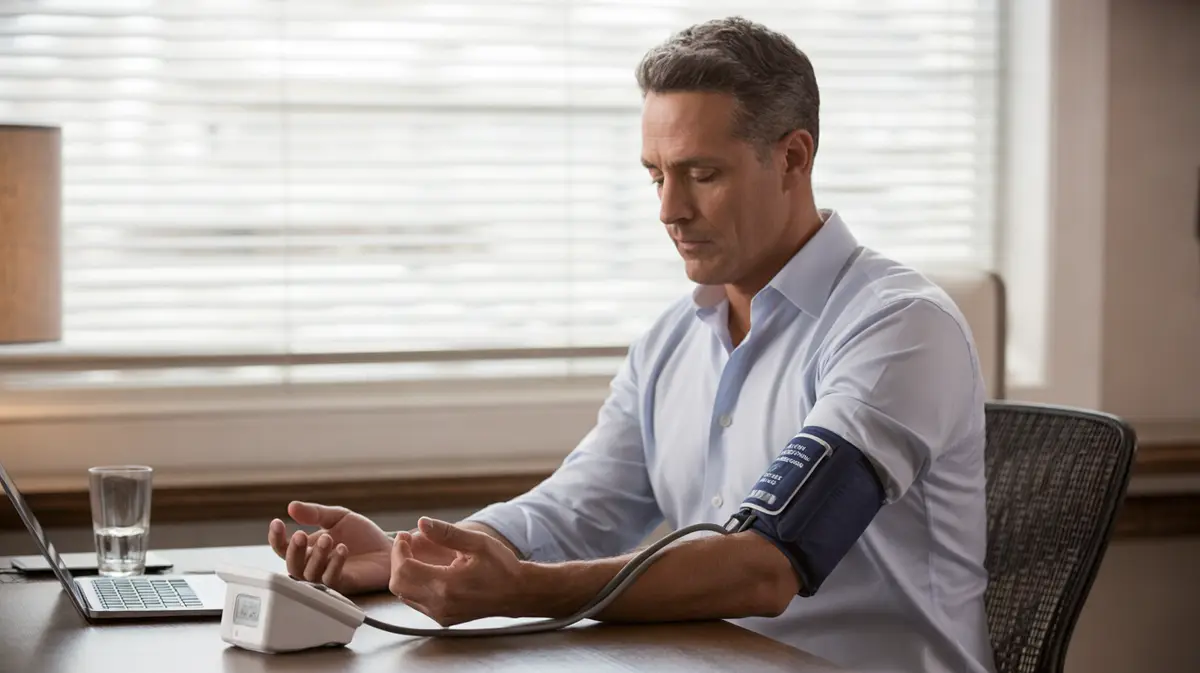 Man checking blood pressure at his office desk
