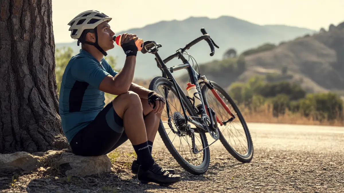 Cyclist resting in the shade with a water bottle