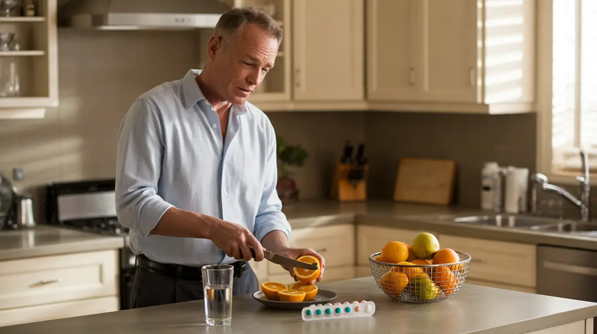 Man preparing breakfast beside a weekly pill organizer