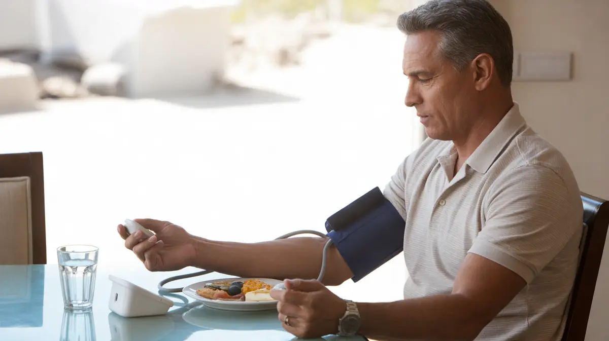 Man checking blood pressure at a breakfast table