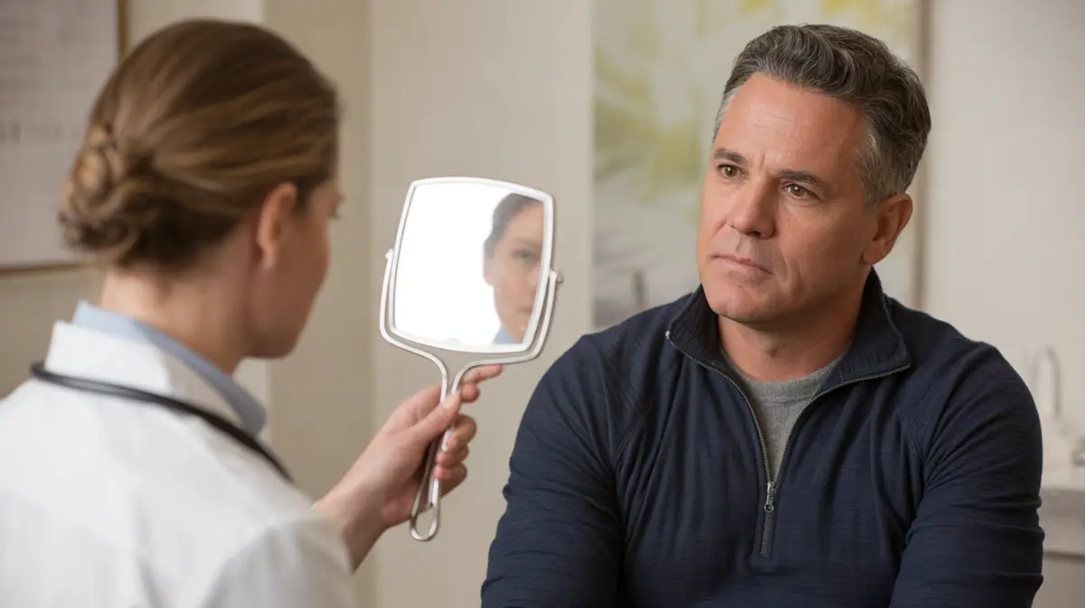 Man in a consultation chair looking into a hand mirror