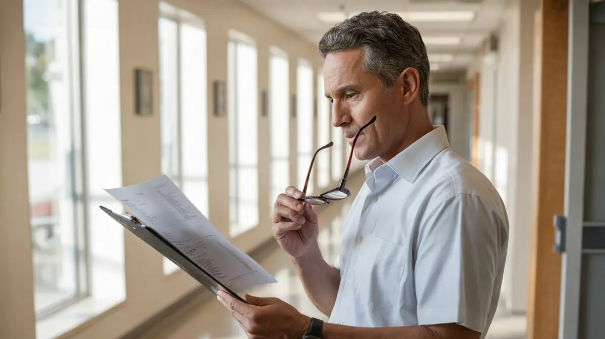 Man reading a lab report in a clinic hallway
