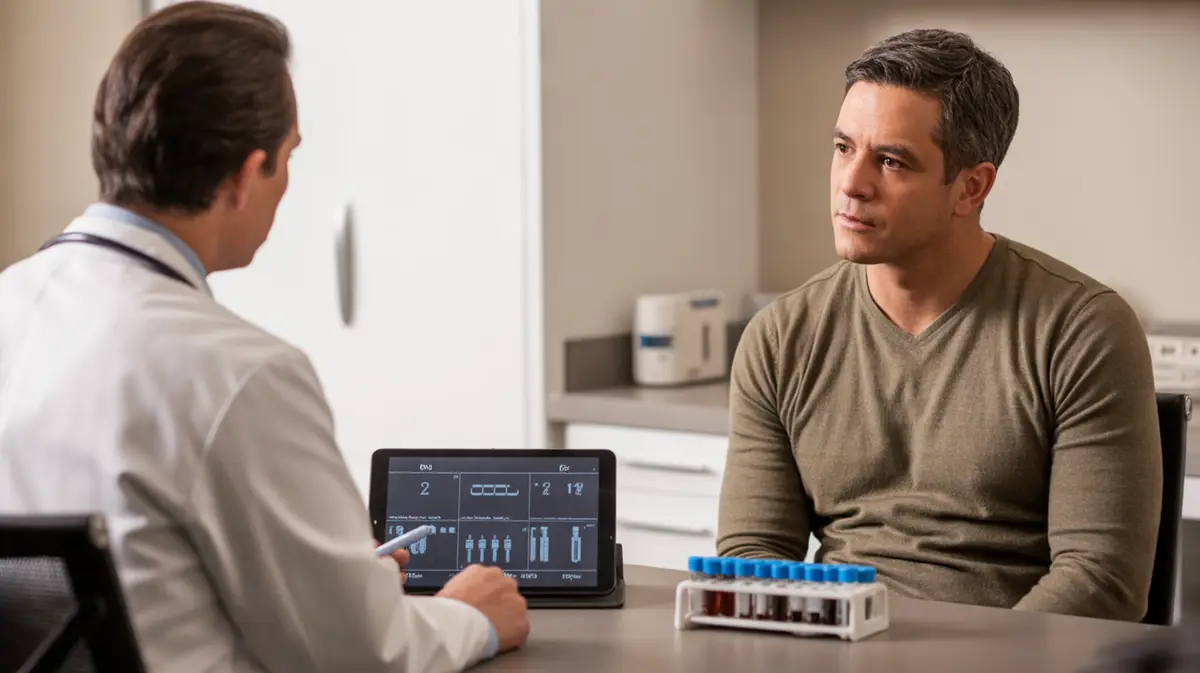 Man discussing lab results in a consultation room