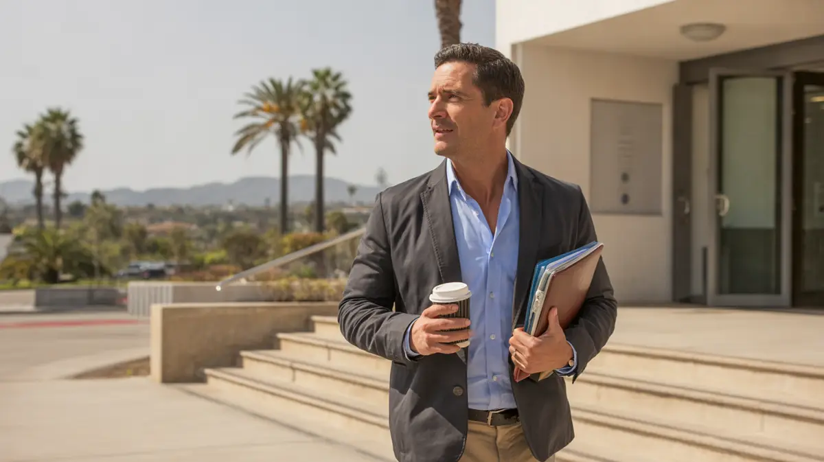 Man walking into a medical office building on a sunny morning