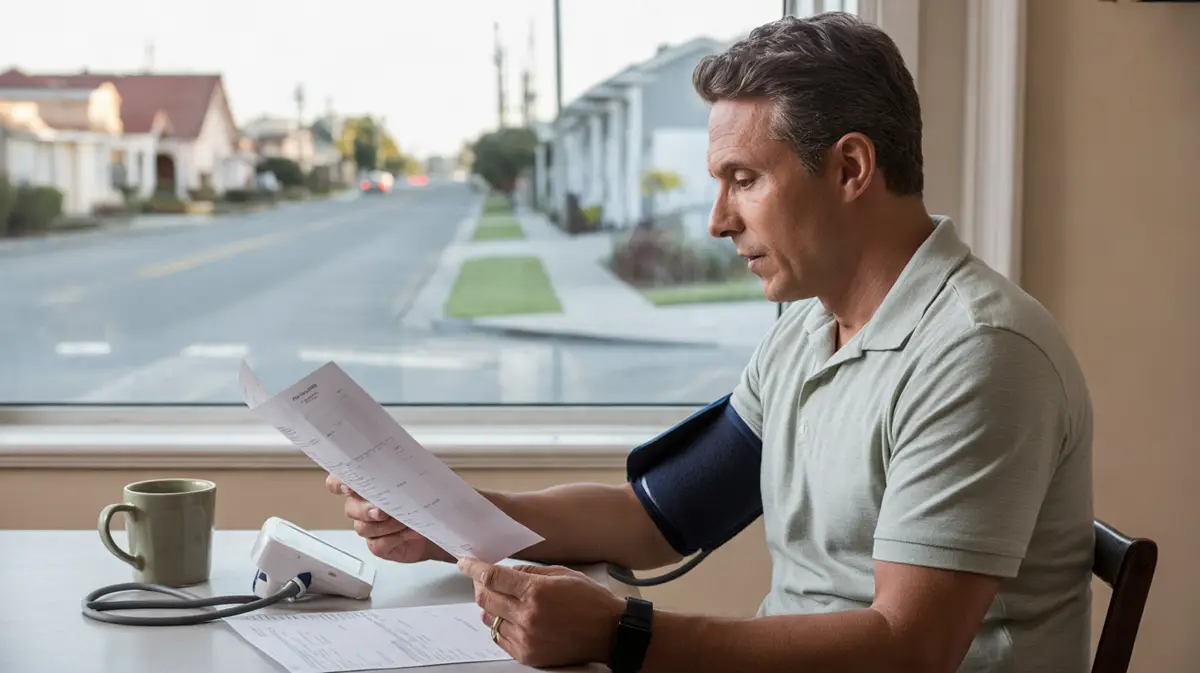 Man reviewing printed lab results at a kitchen table