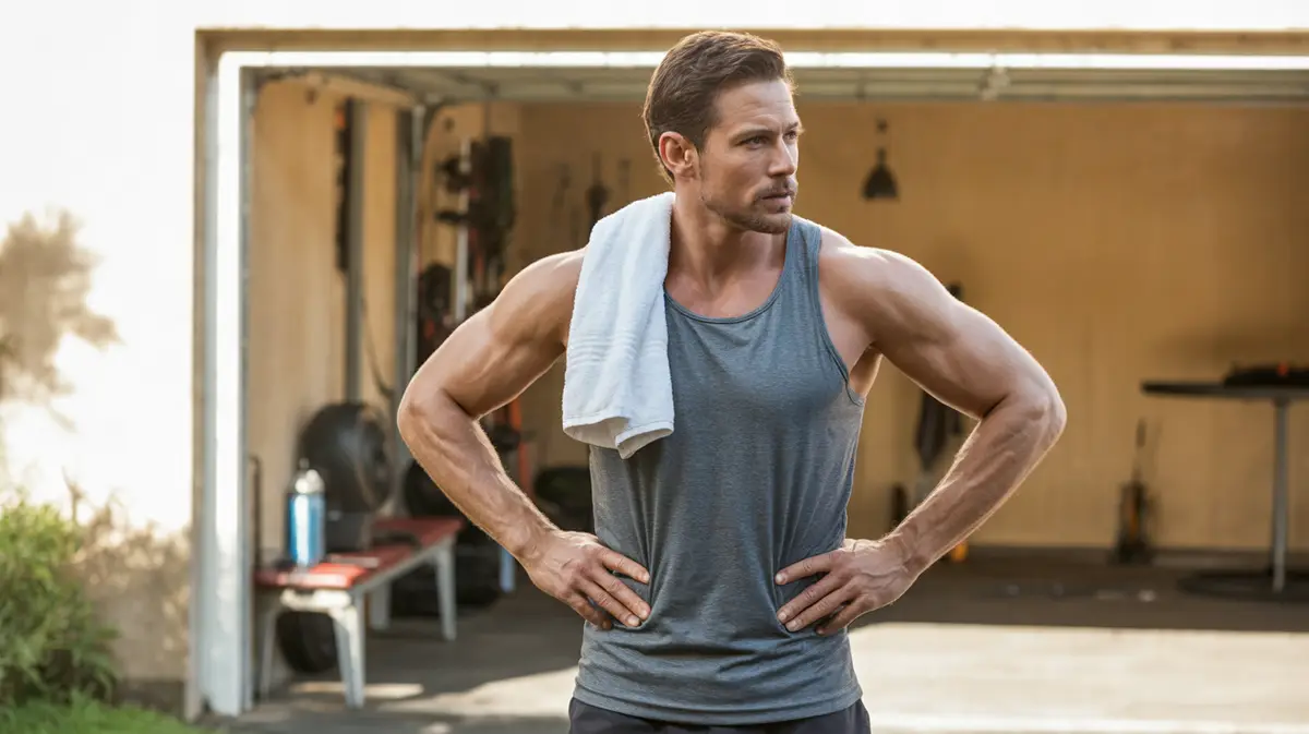 Man stretching after a workout in a home garage gym