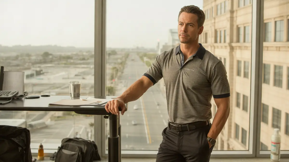 Man working at a standing desk with a gym bag nearby