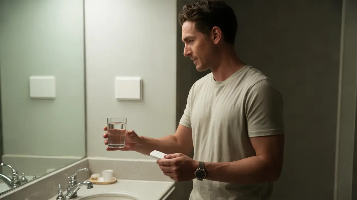 Man holding a glass of water and a tablet at dawn