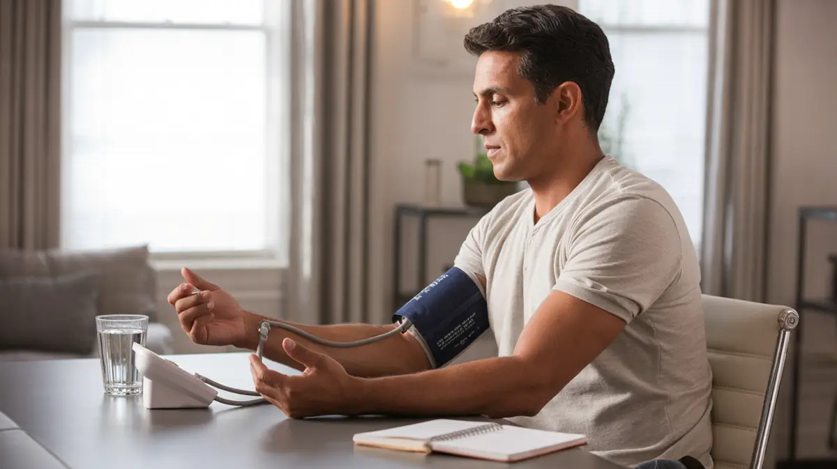 Man checking his blood pressure at a home desk