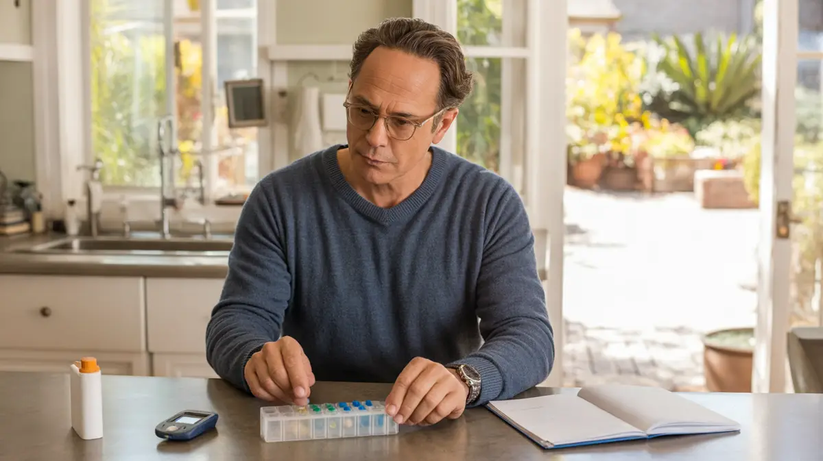 Man sorting a pill organizer beside a glucose meter