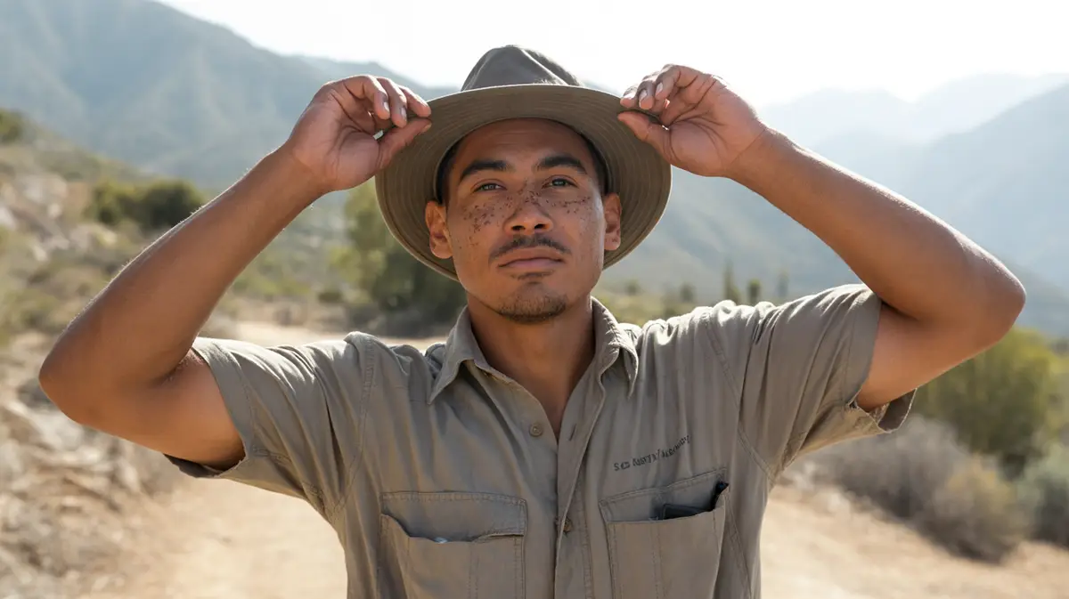 Man adjusting a wide-brim hat on a sunny trail