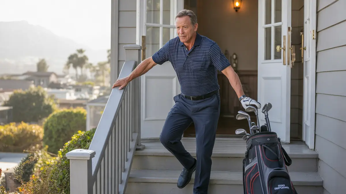 Man holding his knee while walking down porch steps