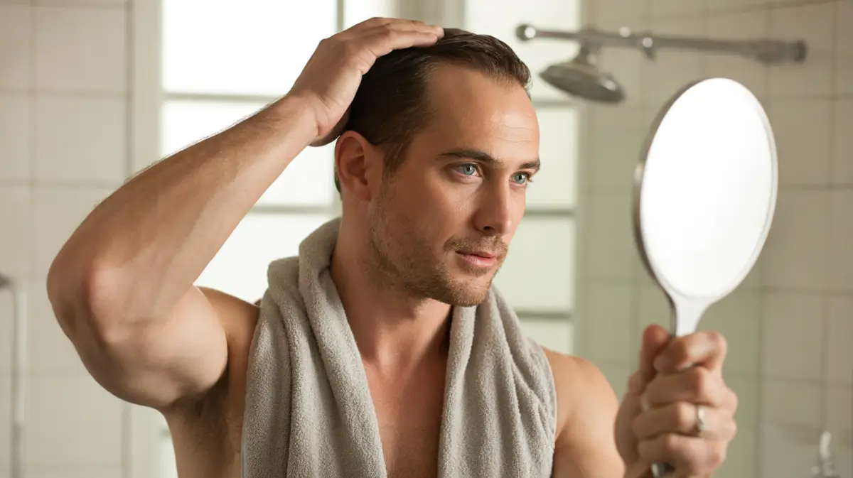 Man checking the crown of his head with a mirror