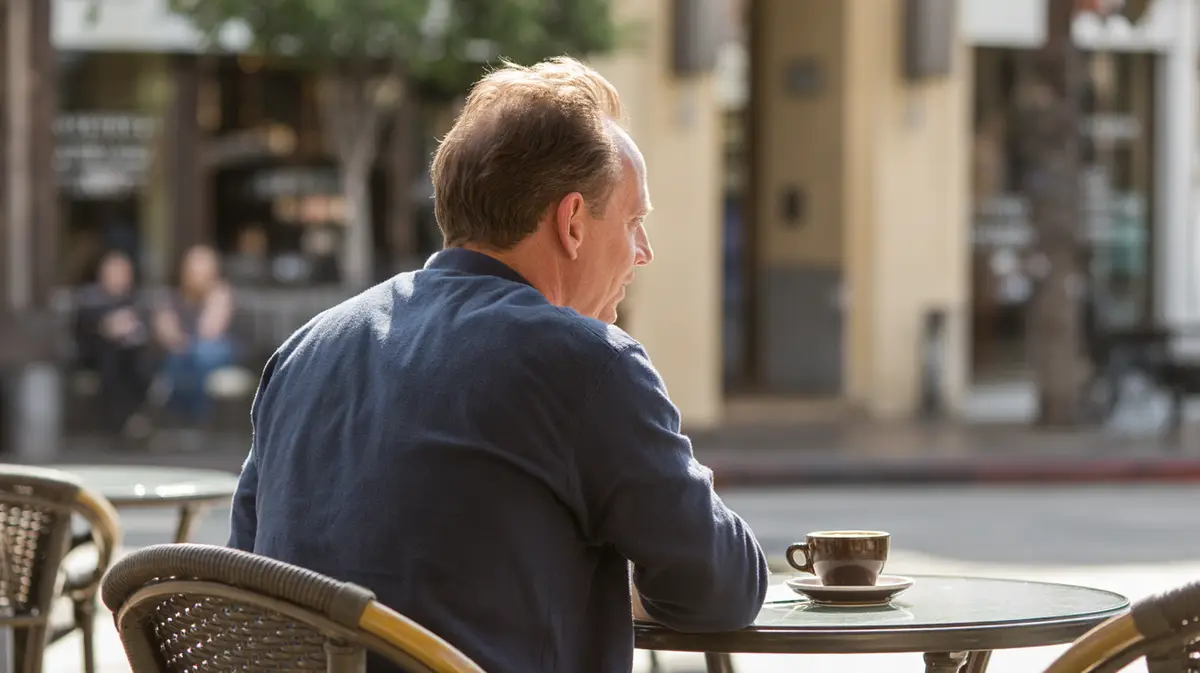 Man with thinning crown hair at an outdoor café