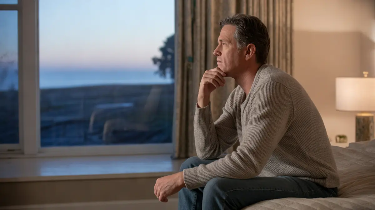 Thoughtful man sitting by a bedroom window at dusk