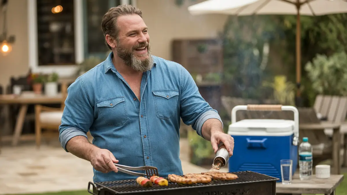 Bearded man laughing while grilling in a backyard